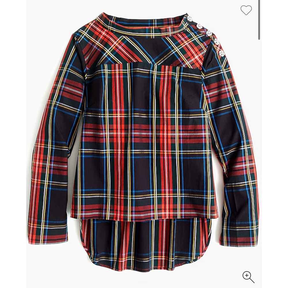 J Crew Stewart Plaid Jeweled Funnelneck Top Popover Blouse Holiday Jewels Sz 10